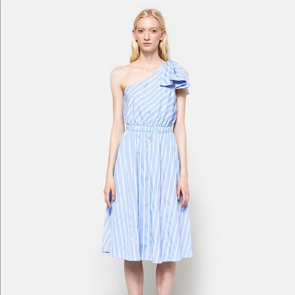 Stelen Women’s Blue White Bow One Shoulder Midi Dress Size Large NWT